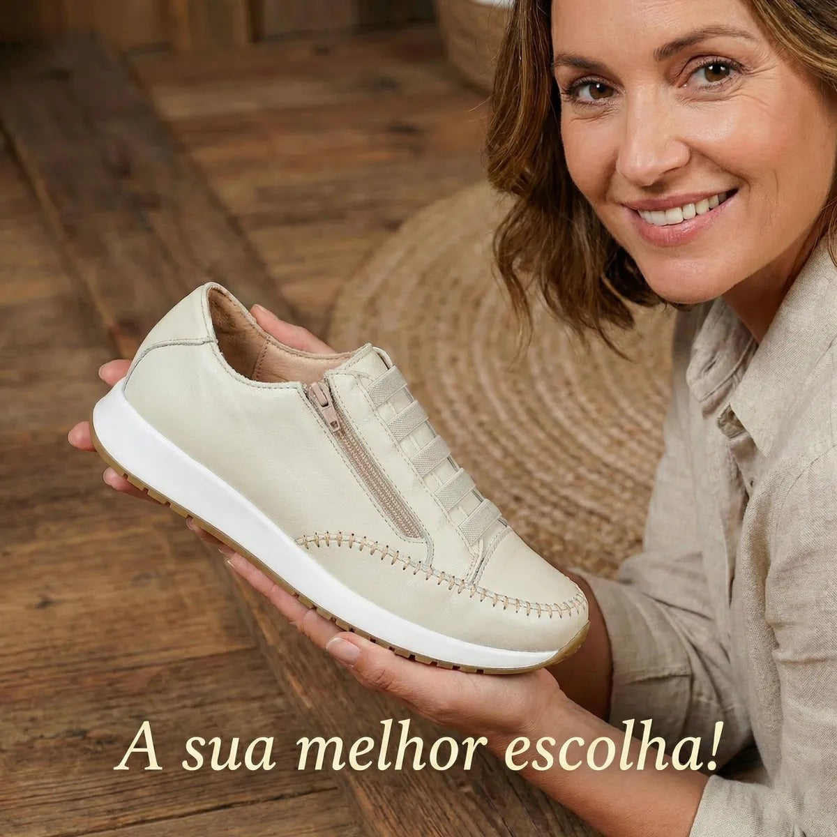 Tênis Feminino Couro Legitimo Ajuste Elástico Zíper Lateral
