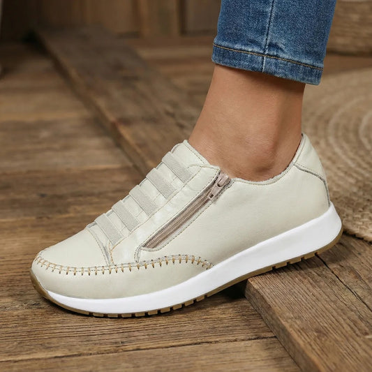Tênis Feminino Couro Legitimo Ajuste Elástico Zíper Lateral